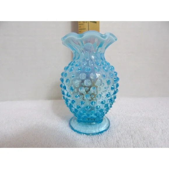 Fenton Vase Hobnail Aqua Blue Opalescent Glass Bud Small 3.5” Ruffle Edge Set 2 - Picture 13 of 16